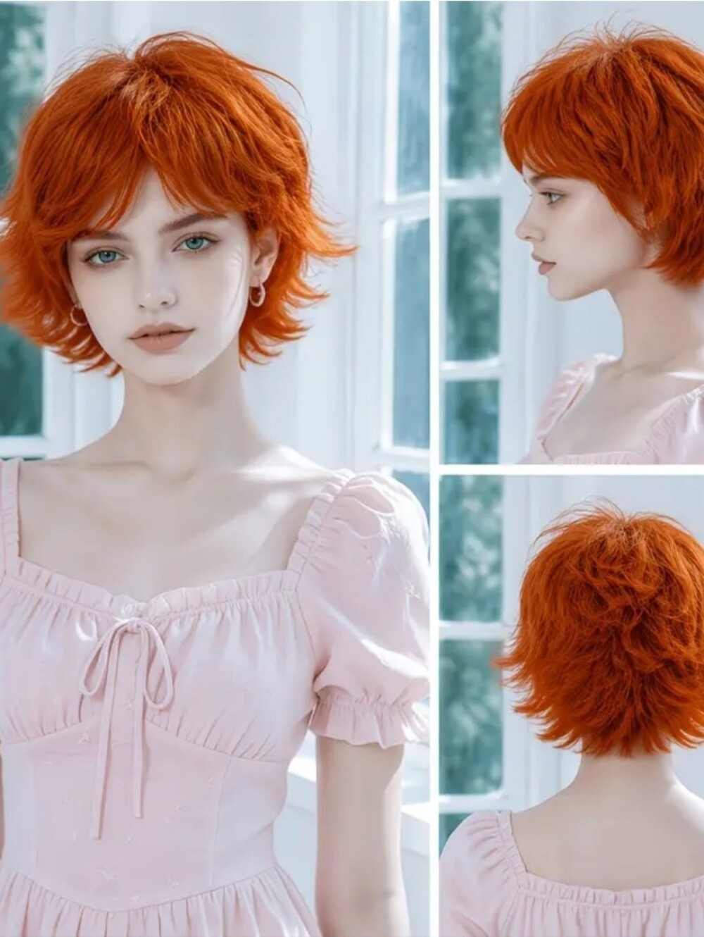 12" Persimmon Orange Messy Short Layered Synthetic Hair Wig with Airy Bangs